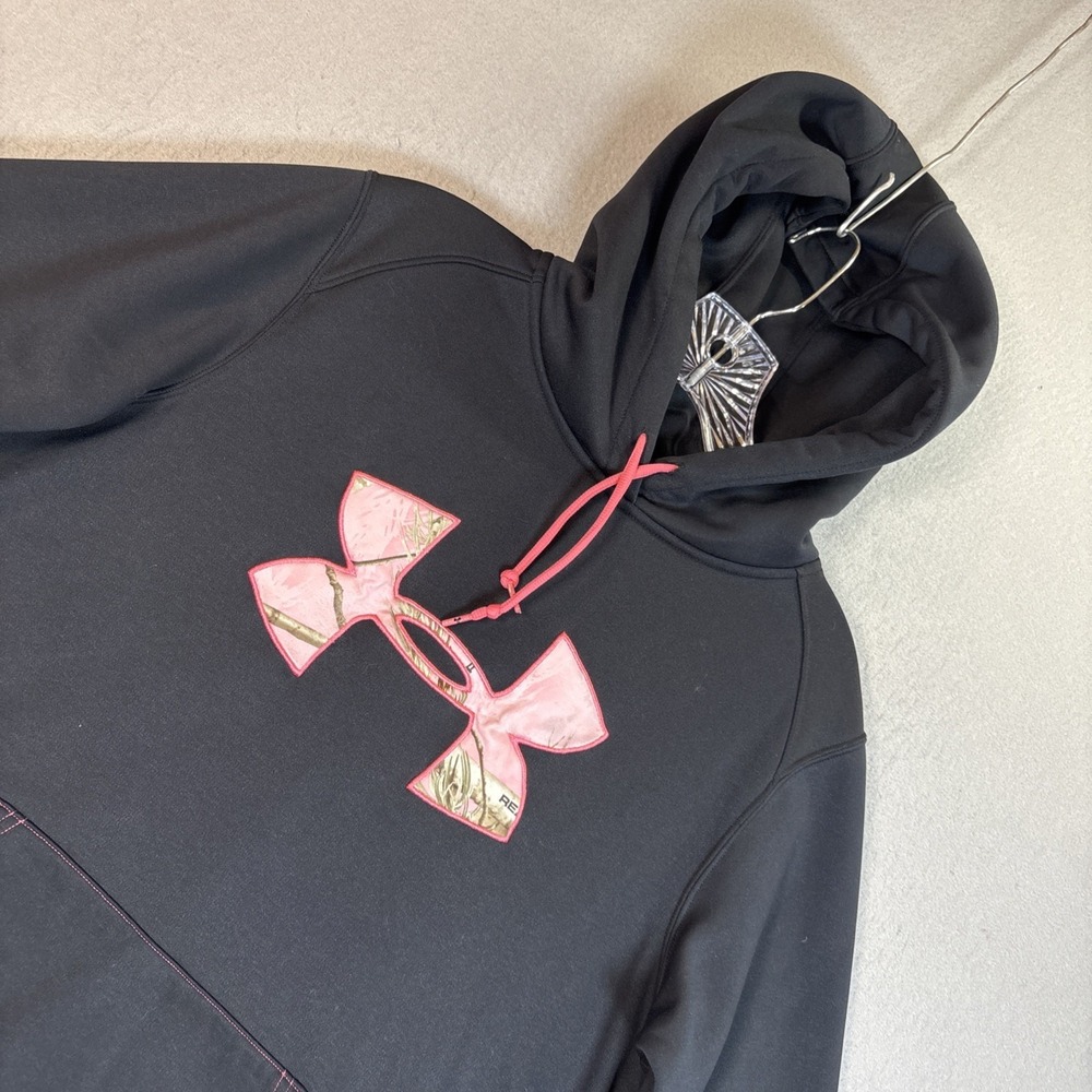 Under Armour Realtree Hoodie Womens M Black Storm Fleece Pullover Camo Logo Pink